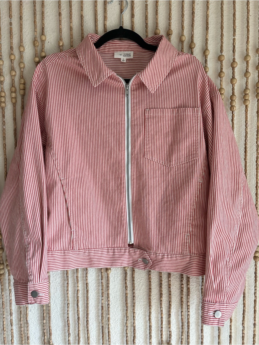Sunday Edition Red White Stripe Nautical Preppy Coastal Long Sleeve Zip Jacket
